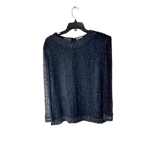 Sweelo Vintage 100% Natural Silk Black Iridescent Beaded Blouse Size Small - Picture 3 of 14